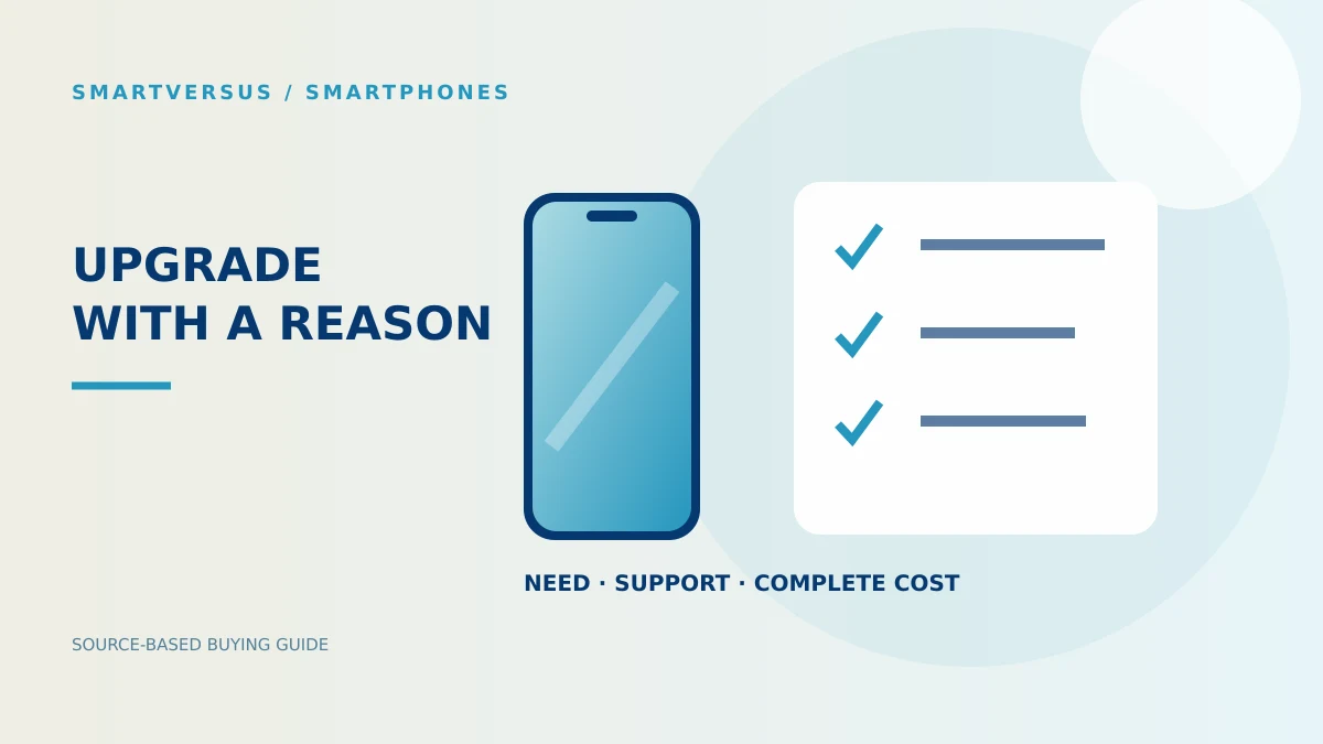 Editorial illustration of a smartphone beside an upgrade checklist and a cost symbol.